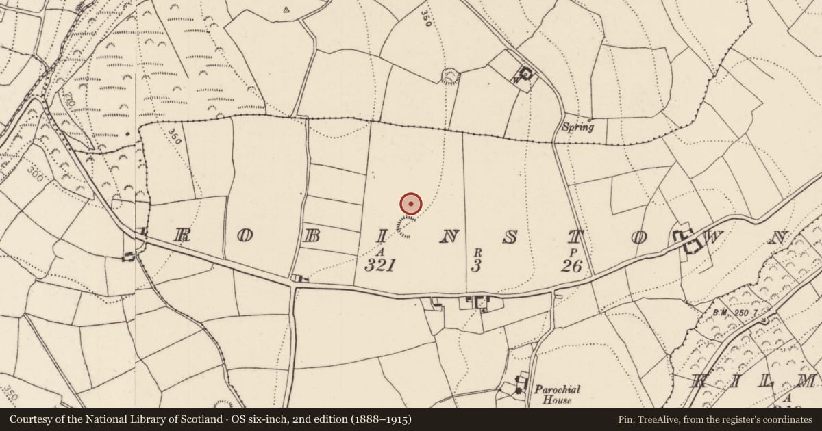 Ordnance Survey six-inch map, 2nd edition (1888–1915) covering the location of Fulacht fia, Robinstown, County Kilkenny, with a pin at the register's coordinates
