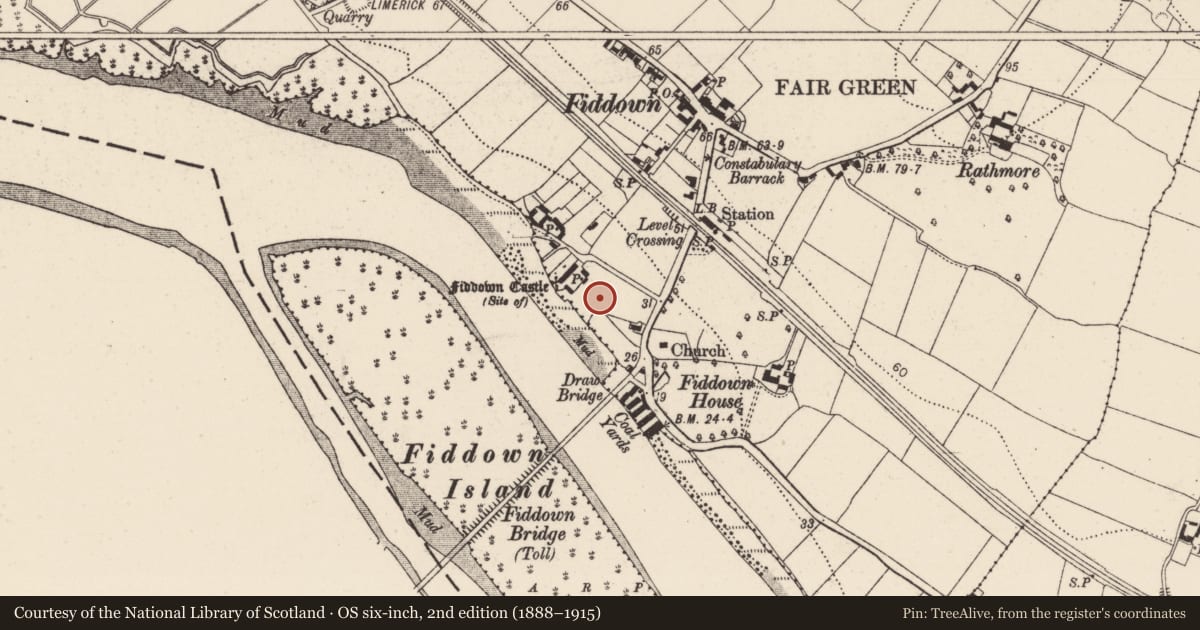 Ordnance Survey six-inch map, 2nd edition (1888–1915) covering the location of Settlement deserted - medieval, Fiddown, County Kilkenny, with a pin at the register's coordinates