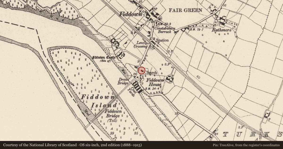 Ordnance Survey six-inch map, 2nd edition (1888–1915) covering the location of Church, Fiddown, County Kilkenny, with a pin at the register's coordinates