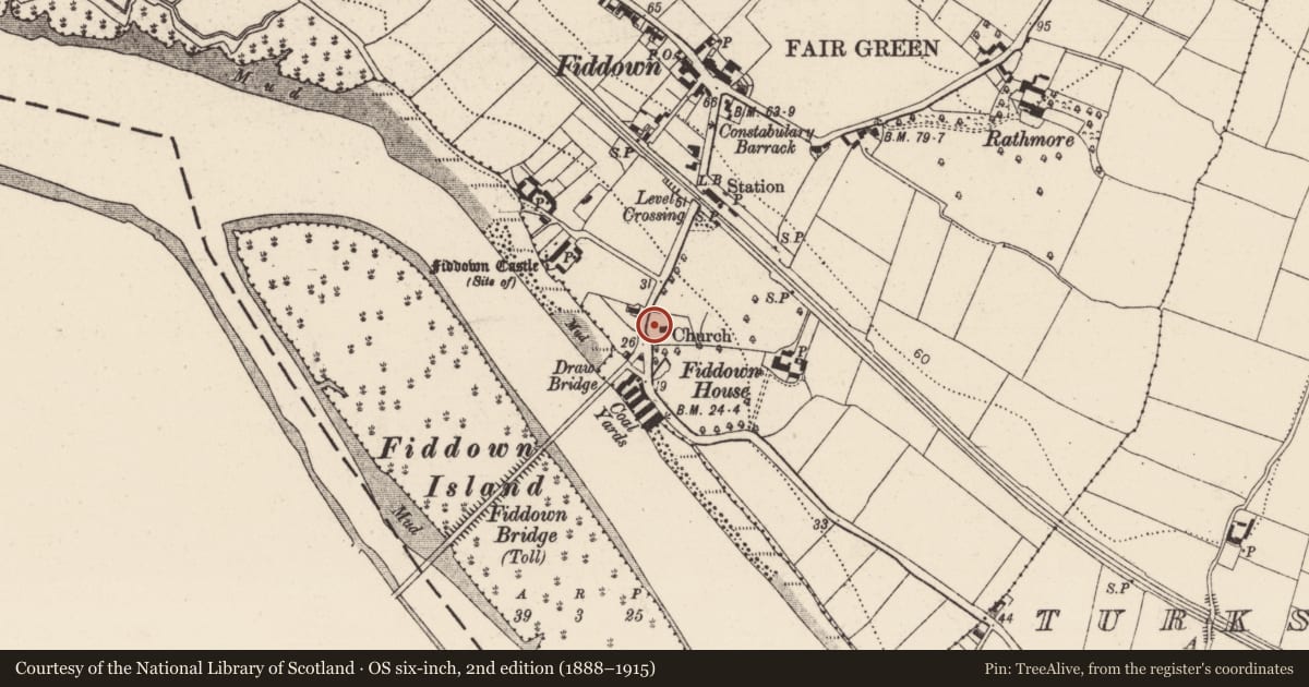 Ordnance Survey six-inch map, 2nd edition (1888–1915) covering the location of Tomb - chest tomb, Fiddown, County Kilkenny, with a pin at the register's coordinates