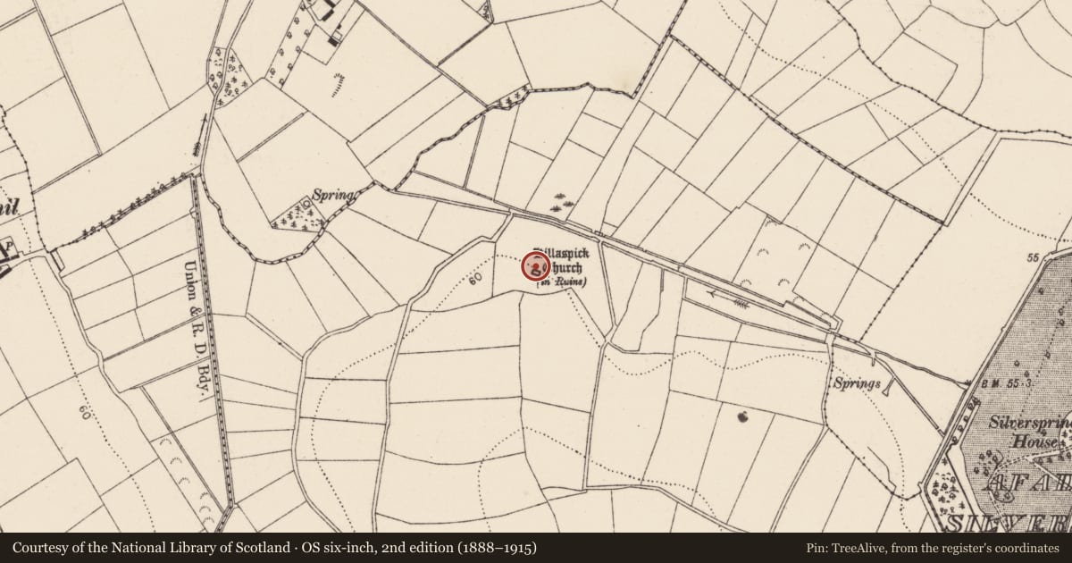 Ordnance Survey six-inch map, 2nd edition (1888–1915) covering the location of Graveyard, Grange, County Kilkenny, with a pin at the register's coordinates