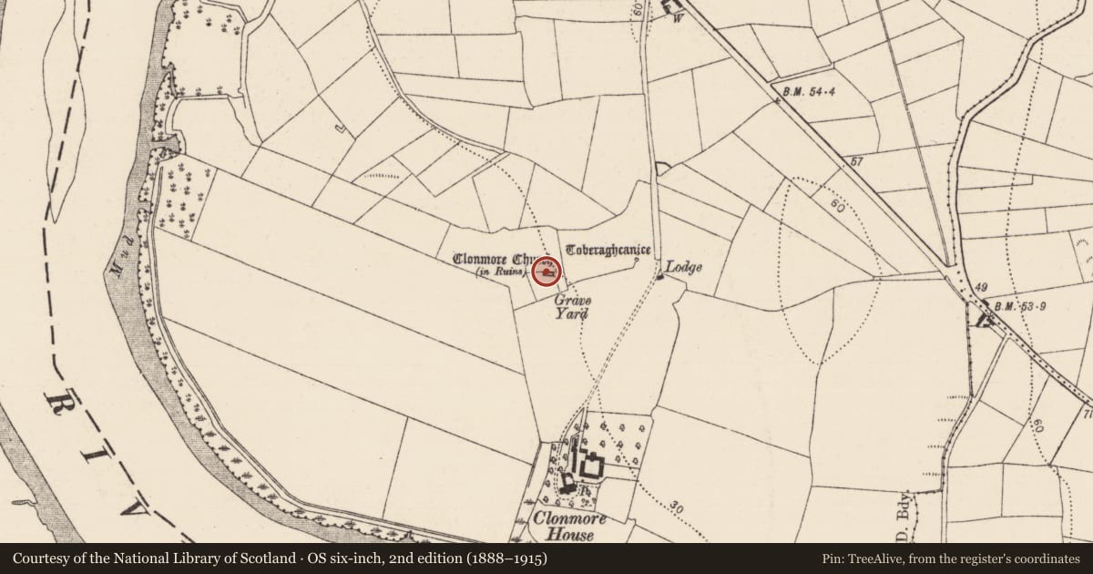 Ordnance Survey six-inch map, 2nd edition (1888–1915) covering the location of Church, Clonmore, County Kilkenny, with a pin at the register's coordinates