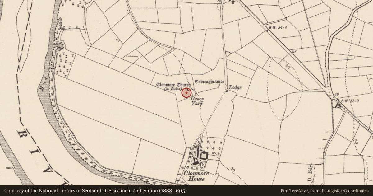 Ordnance Survey six-inch map, 2nd edition (1888–1915) covering the location of Graveyard, Clonmore, County Kilkenny, with a pin at the register's coordinates