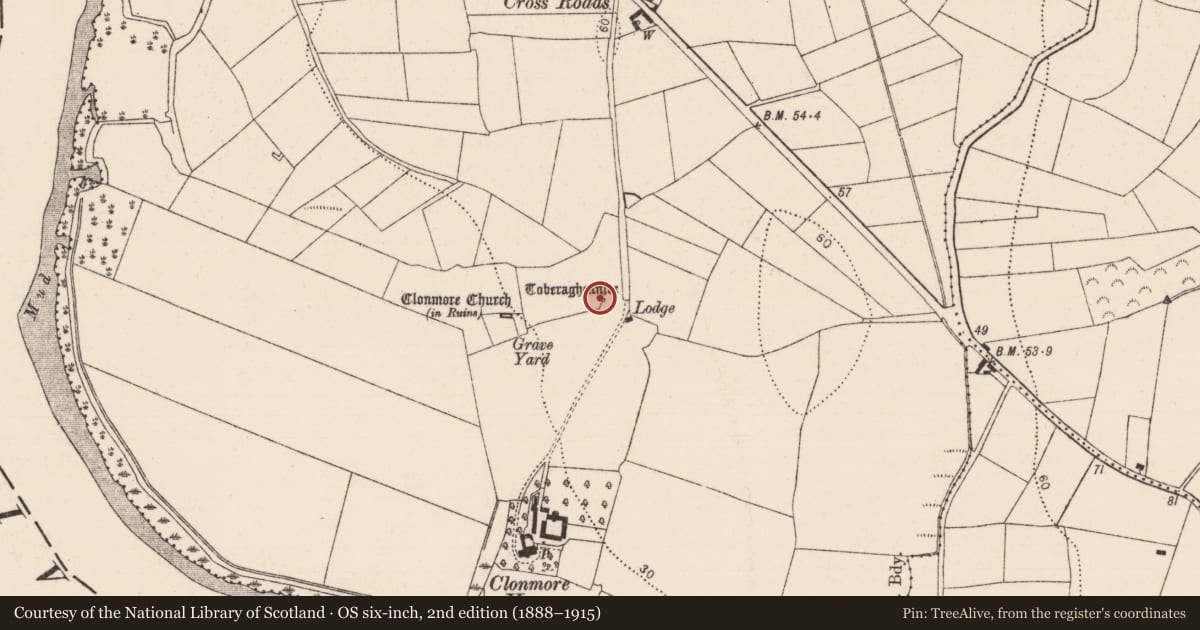 Ordnance Survey six-inch map, 2nd edition (1888–1915) covering the location of Ritual site - holy well, Clonmore, County Kilkenny, with a pin at the register's coordinates