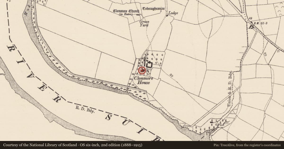 Ordnance Survey six-inch map, 2nd edition (1888–1915) covering the location of House - medieval, Clonmore, County Kilkenny, with a pin at the register's coordinates