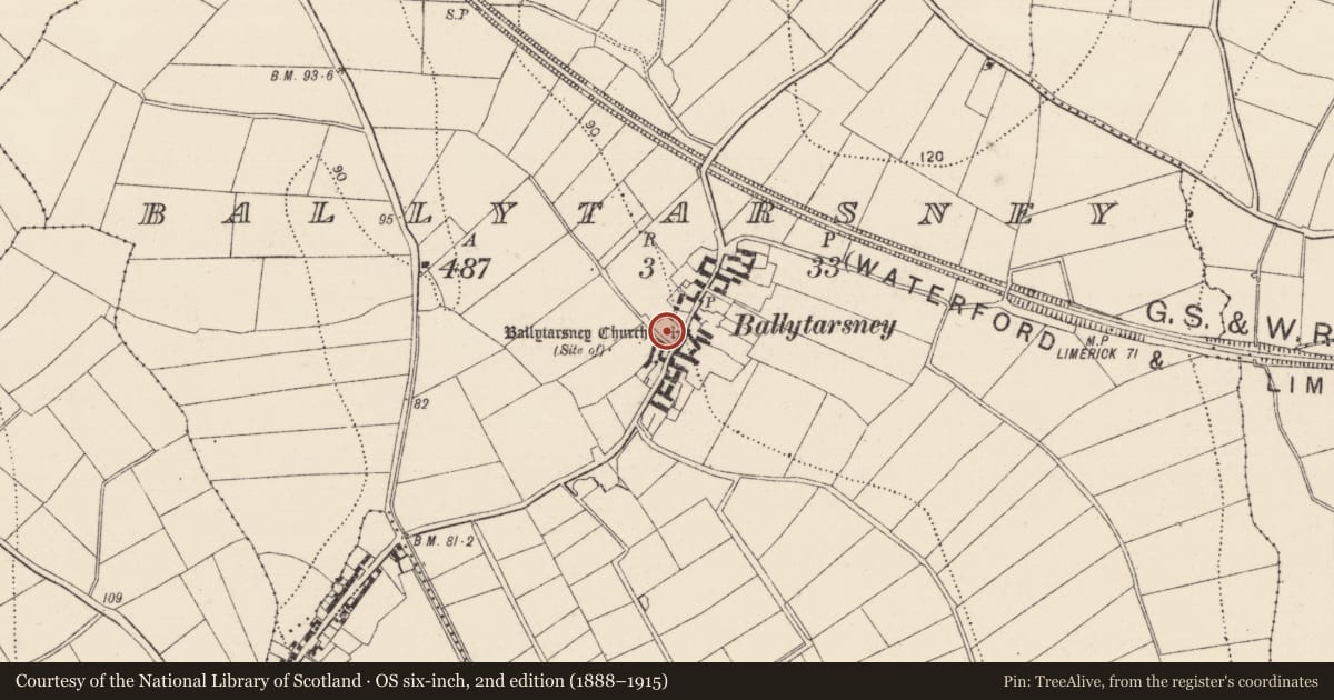 Ordnance Survey six-inch map, 2nd edition (1888–1915) covering the location of Church, Ballytarsney, County Kilkenny, with a pin at the register's coordinates