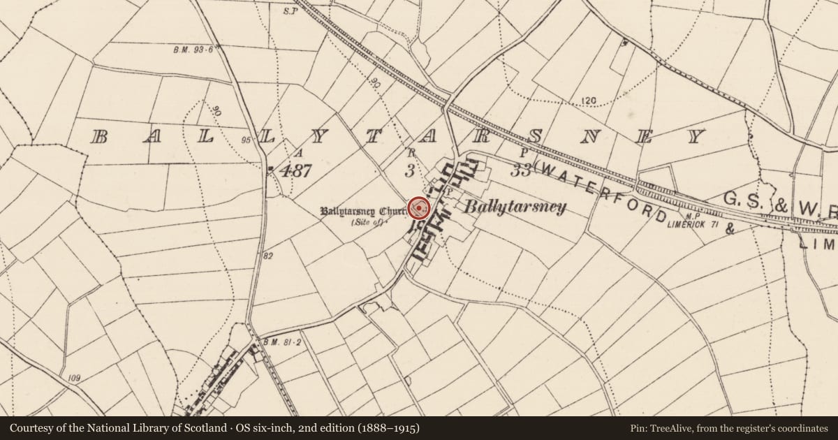 Ordnance Survey six-inch map, 2nd edition (1888–1915) covering the location of Graveyard, Ballytarsney, County Kilkenny, with a pin at the register's coordinates