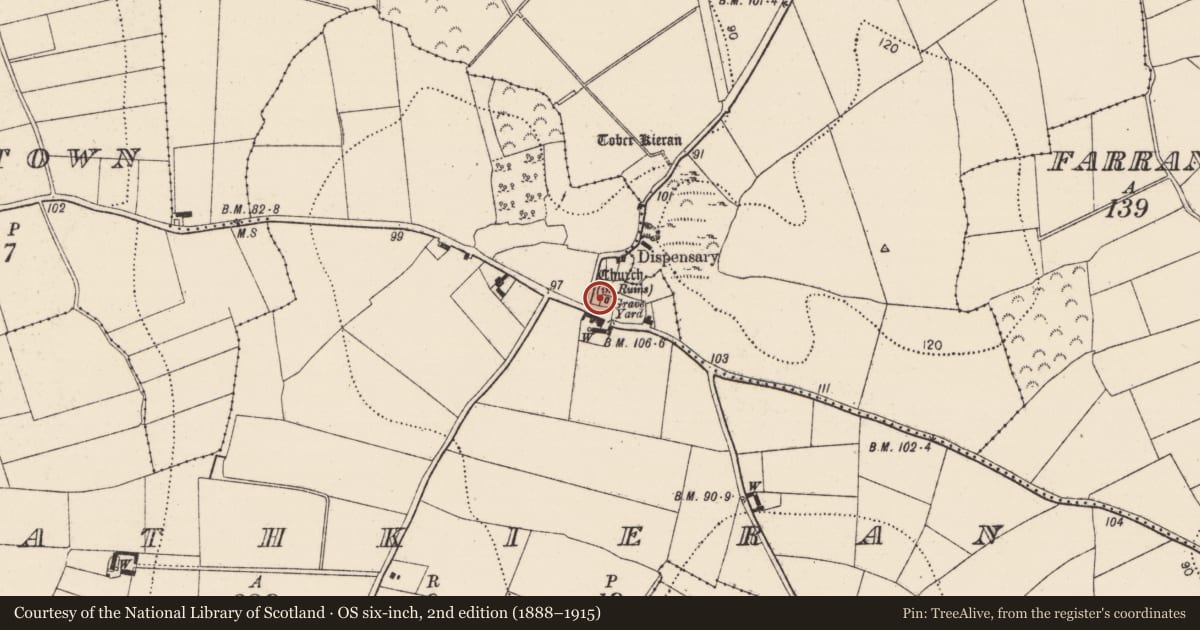 Ordnance Survey six-inch map, 2nd edition (1888–1915) covering the location of Church, Rathkieran, County Kilkenny, with a pin at the register's coordinates