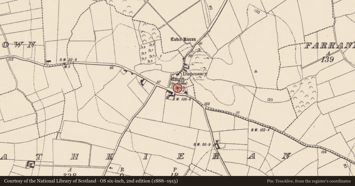 Ordnance Survey six-inch map, 2nd edition (1888–1915) covering the location of Graveyard, Rathkieran, County Kilkenny, with a pin at the register's coordinates