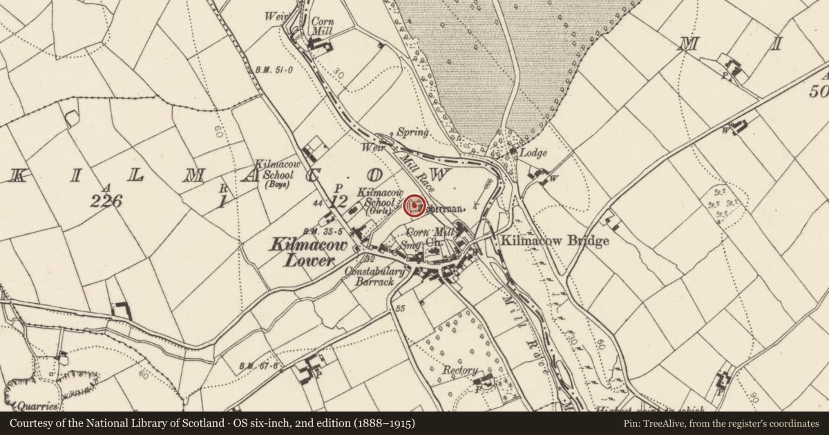 Ordnance Survey six-inch map, 2nd edition (1888–1915) covering the location of Ritual site - holy well, Kilmacow, County Kilkenny, with a pin at the register's coordinates