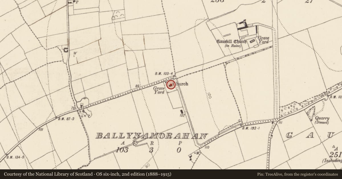 Ordnance Survey six-inch map, 2nd edition (1888–1915) covering the location of Church, Ballynamorahan, County Kilkenny, with a pin at the register's coordinates