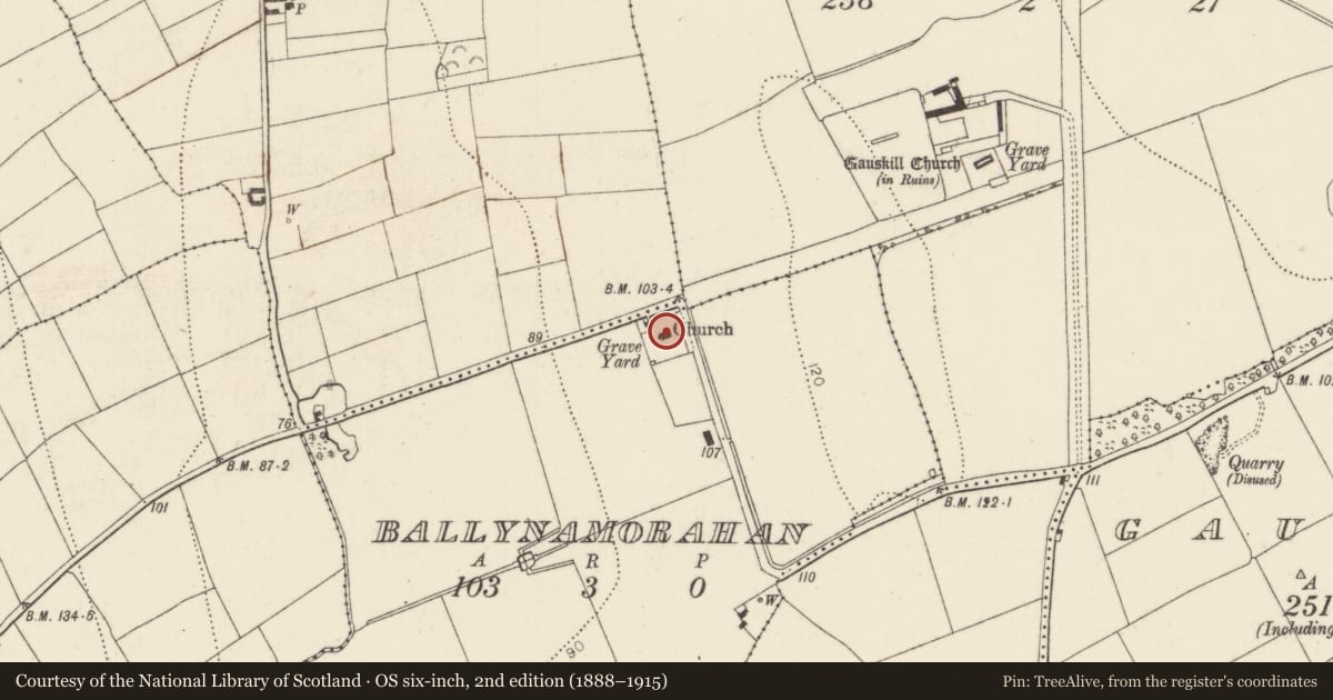 Ordnance Survey six-inch map, 2nd edition (1888–1915) covering the location of Graveyard, Ballynamorahan, County Kilkenny, with a pin at the register's coordinates