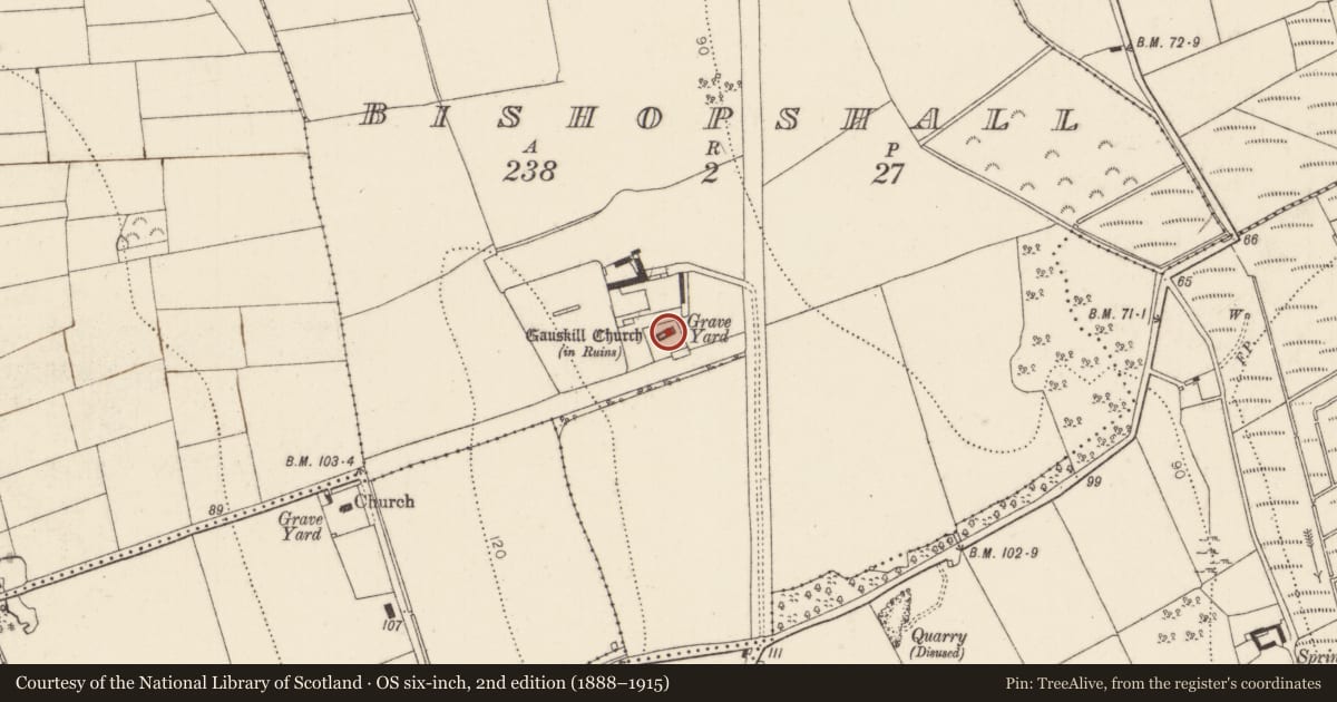 Ordnance Survey six-inch map, 2nd edition (1888–1915) covering the location of Church, Bishopshall, County Kilkenny, with a pin at the register's coordinates
