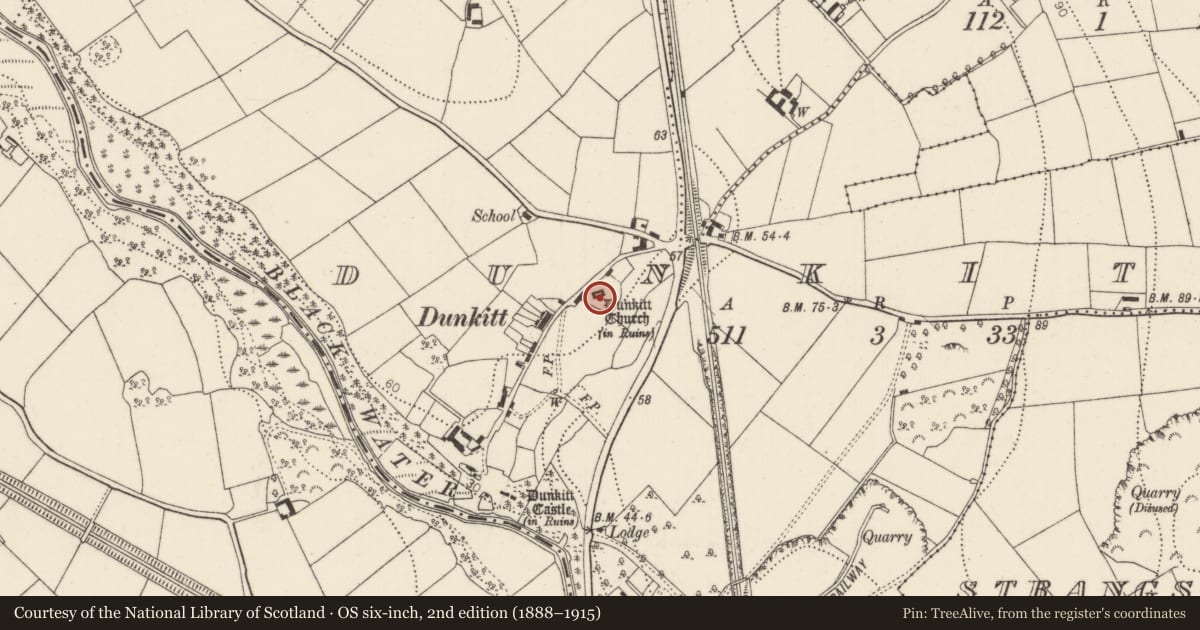 Ordnance Survey six-inch map, 2nd edition (1888–1915) covering the location of Church, Dunkitt, County Kilkenny, with a pin at the register's coordinates