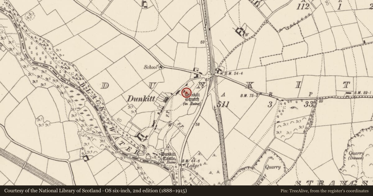 Ordnance Survey six-inch map, 2nd edition (1888–1915) covering the location of Graveyard, Dunkitt, County Kilkenny, with a pin at the register's coordinates
