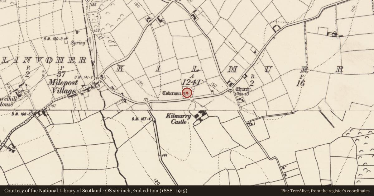 Ordnance Survey six-inch map, 2nd edition (1888–1915) covering the location of Ritual site - holy well, Kilmurry, County Kilkenny, with a pin at the register's coordinates