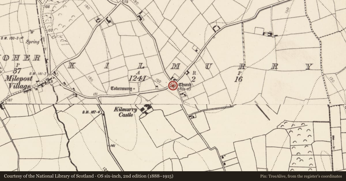 Ordnance Survey six-inch map, 2nd edition (1888–1915) covering the location of Church, Kilmurry, County Kilkenny, with a pin at the register's coordinates