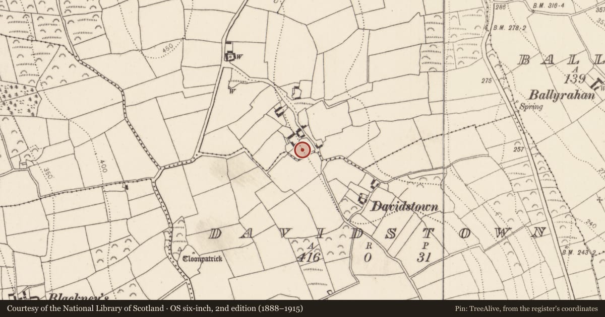 Ordnance Survey six-inch map, 2nd edition (1888–1915) covering the location of Church, Grogan, County Kilkenny, with a pin at the register's coordinates