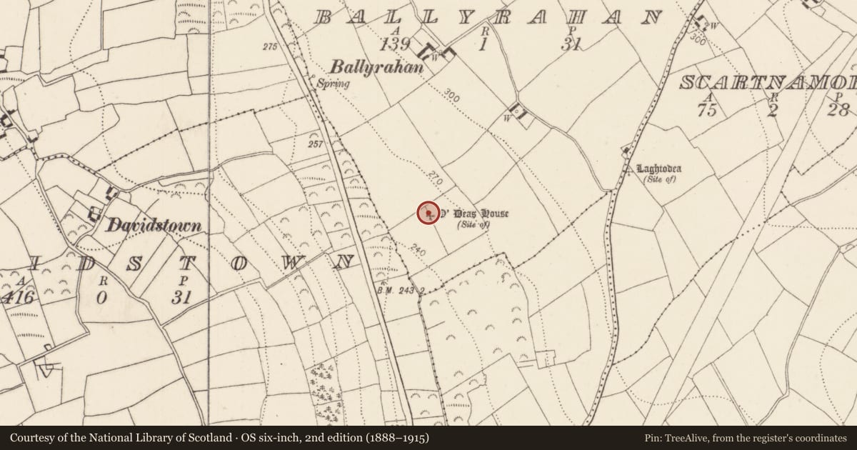 Ordnance Survey six-inch map, 2nd edition (1888–1915) covering the location of Earthwork, Ballyrahan, County Kilkenny, with a pin at the register's coordinates