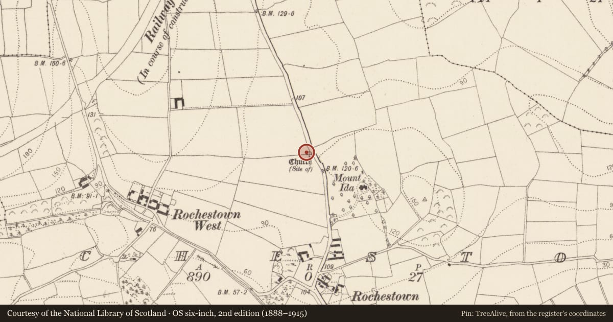 Ordnance Survey six-inch map, 2nd edition (1888–1915) covering the location of Church, Rochestown, County Kilkenny, with a pin at the register's coordinates