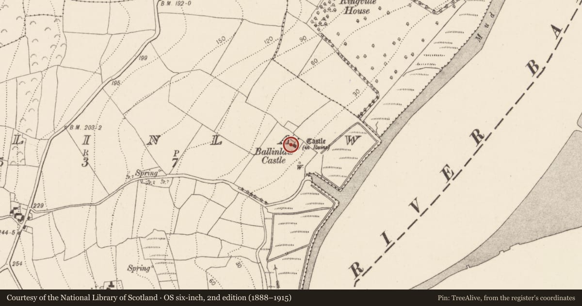 Ordnance Survey six-inch map, 2nd edition (1888–1915) covering the location of House - 17th century, Ballinlaw, County Kilkenny, with a pin at the register's coordinates