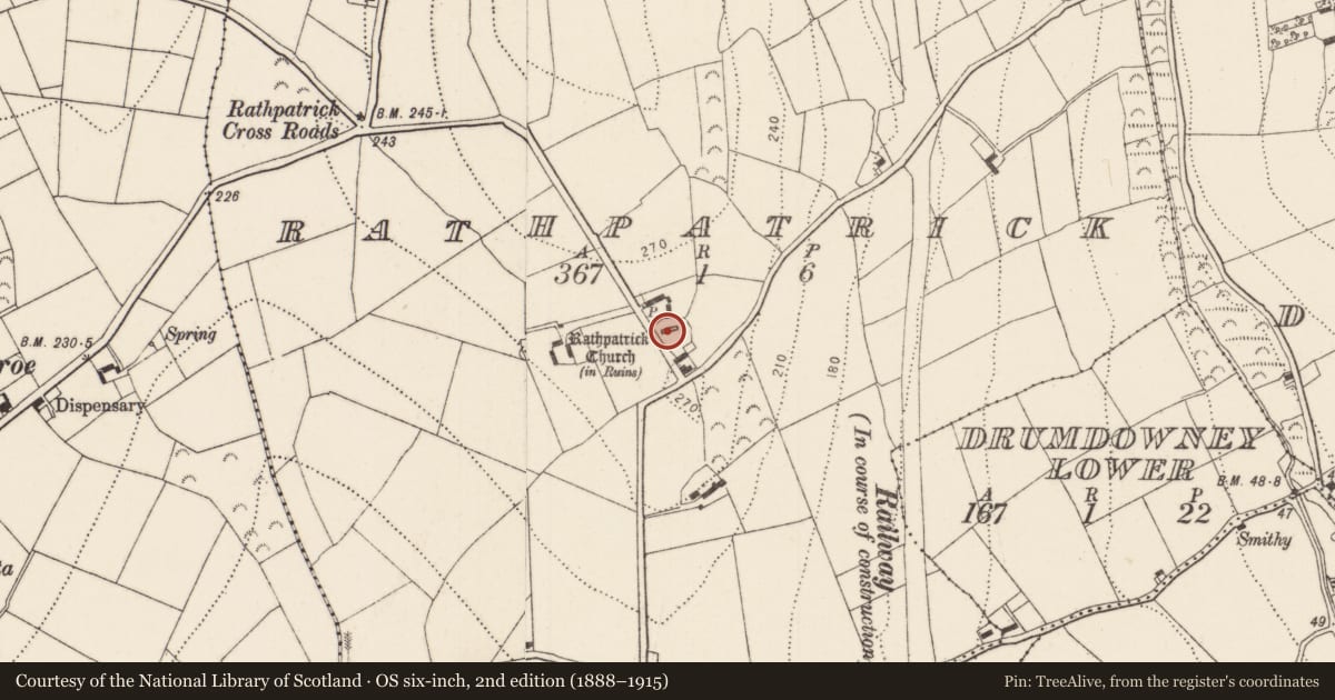 Ordnance Survey six-inch map, 2nd edition (1888–1915) covering the location of Church, Rathpatrick, County Kilkenny, with a pin at the register's coordinates