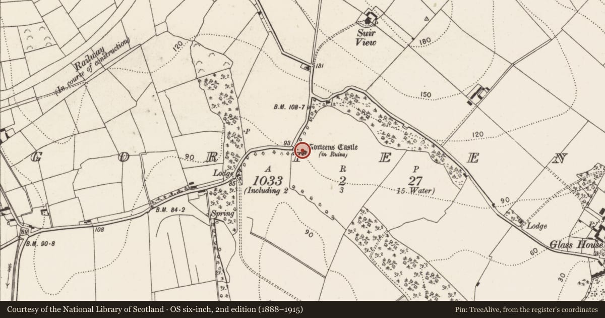 Ordnance Survey six-inch map, 2nd edition (1888–1915) covering the location of Castle - unclassified, Gorteens, County Kilkenny, with a pin at the register's coordinates