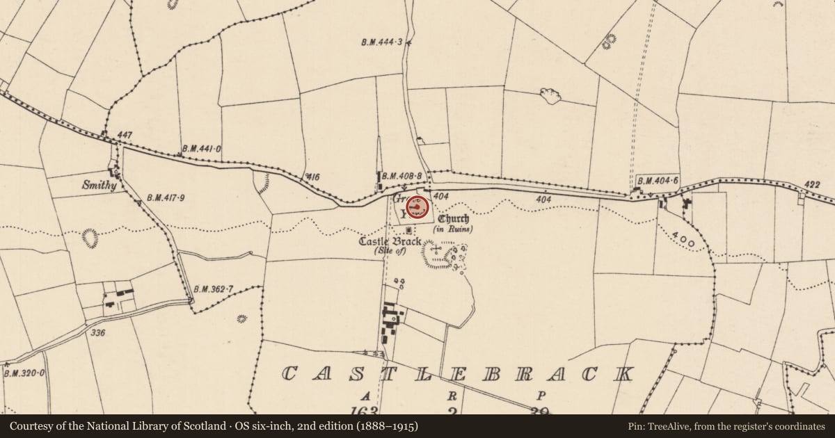 Ordnance Survey six-inch map, 2nd edition (1888–1915) covering the location of Graveyard, Castlebrack, County Laois, with a pin at the register's coordinates