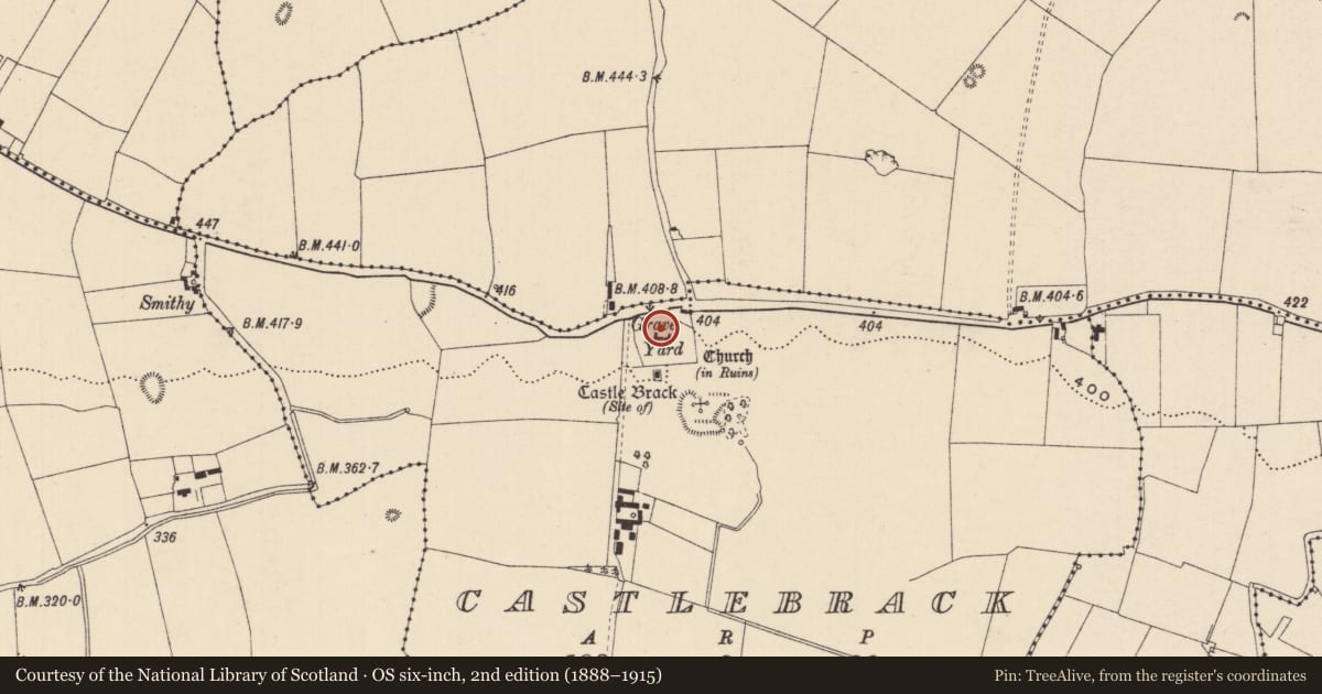 Ordnance Survey six-inch map, 2nd edition (1888–1915) covering the location of Church, Castlebrack, County Laois, with a pin at the register's coordinates