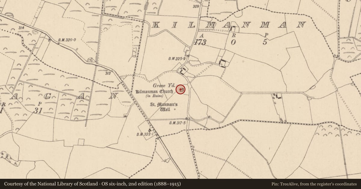Ordnance Survey six-inch map, 2nd edition (1888–1915) covering the location of Church, Kilmanman, County Laois, with a pin at the register's coordinates