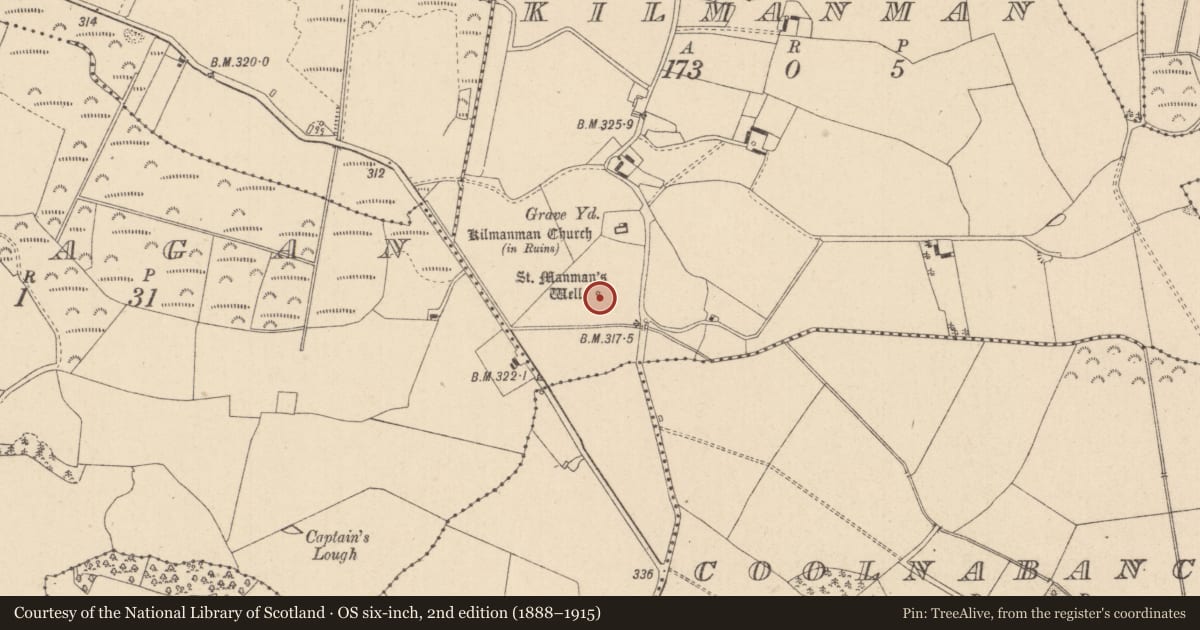 Ordnance Survey six-inch map, 2nd edition (1888–1915) covering the location of Ritual site - holy well, Kilmanman, County Laois, with a pin at the register's coordinates