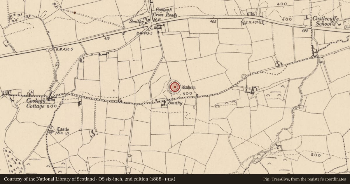 Ordnance Survey six-inch map, 2nd edition (1888–1915) covering the location of Ringfort - rath, Coolagh, County Laois, with a pin at the register's coordinates