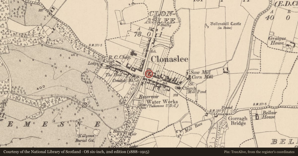 Ordnance Survey six-inch map, 2nd edition (1888–1915) covering the location of Structure, Clonaslee, County Laois, with a pin at the register's coordinates