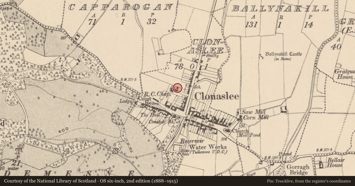 Ordnance Survey six-inch map, 2nd edition (1888–1915) covering the location of Cross-slab (present location), Clonaslee, County Laois, with a pin at the register's coordinates
