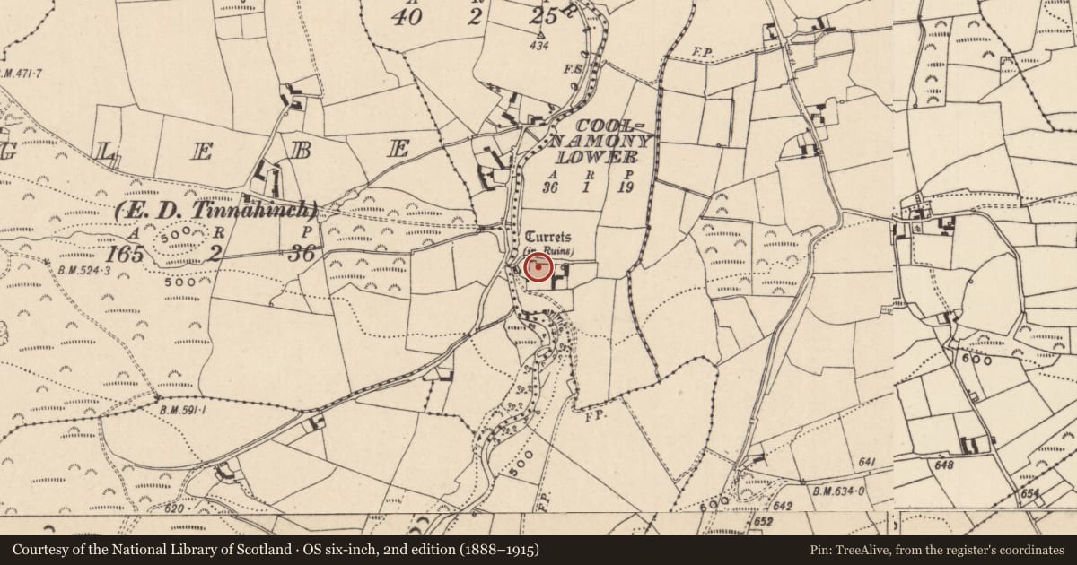 Ordnance Survey six-inch map, 2nd edition (1888–1915) covering the location of Bawn, Coolnamony Lower, County Laois, with a pin at the register's coordinates