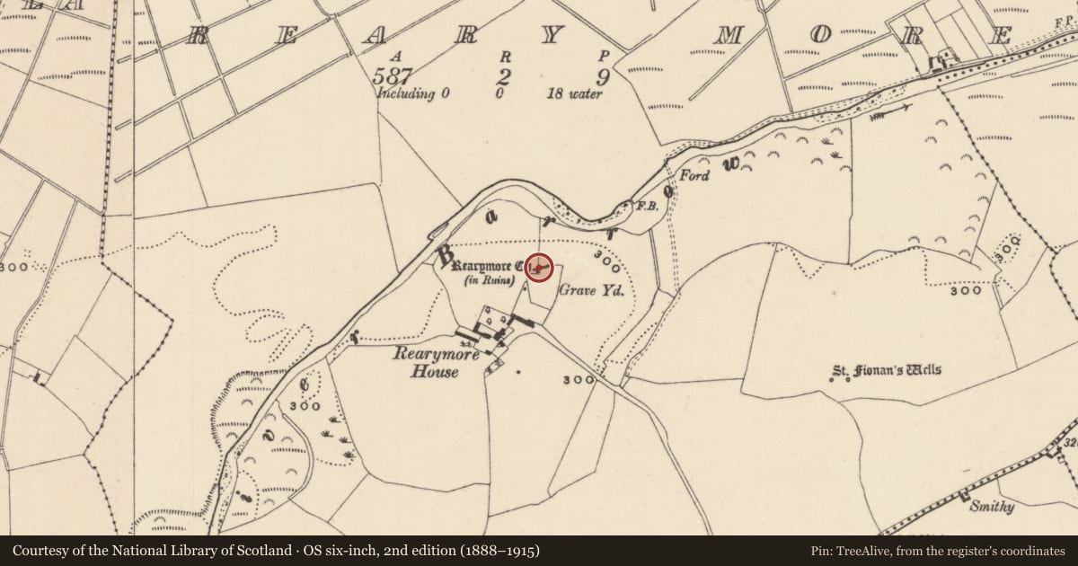 Ordnance Survey six-inch map, 2nd edition (1888–1915) covering the location of Church, Reary More, County Laois, with a pin at the register's coordinates