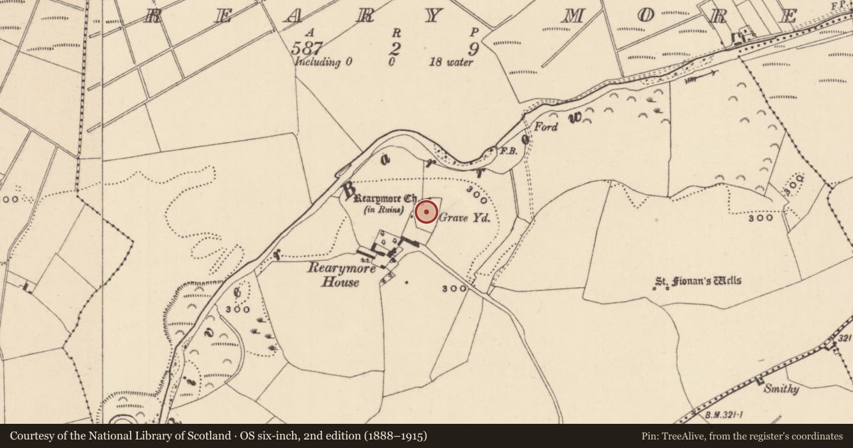 Ordnance Survey six-inch map, 2nd edition (1888–1915) covering the location of Cross-slab, Reary More, County Laois, with a pin at the register's coordinates