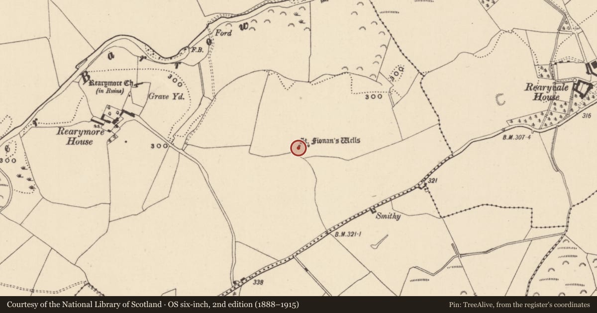 Ordnance Survey six-inch map, 2nd edition (1888–1915) covering the location of Ritual site - holy well, Reary More, County Laois, with a pin at the register's coordinates