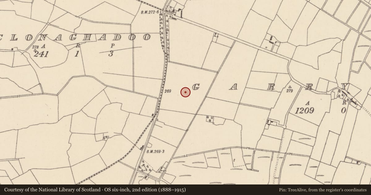Ordnance Survey six-inch map, 2nd edition (1888–1915) covering the location of Enclosure, Garrymore, County Laois, with a pin at the register's coordinates