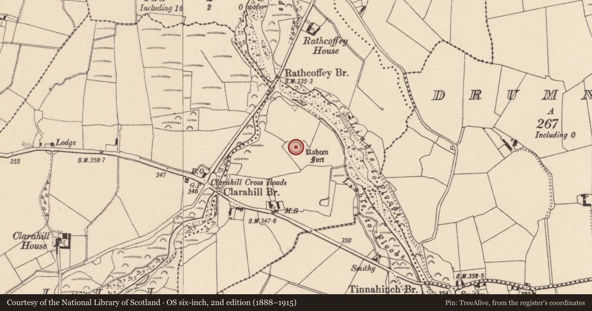 Ordnance Survey six-inch map, 2nd edition (1888–1915) covering the location of Enclosure, Rathcoffey, County Laois, with a pin at the register's coordinates