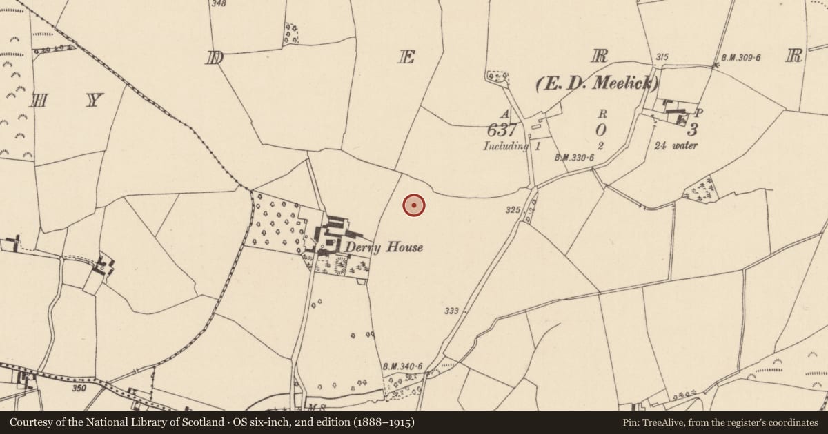 Ordnance Survey six-inch map, 2nd edition (1888–1915) covering the location of Enclosure, Derry, County Laois, with a pin at the register's coordinates