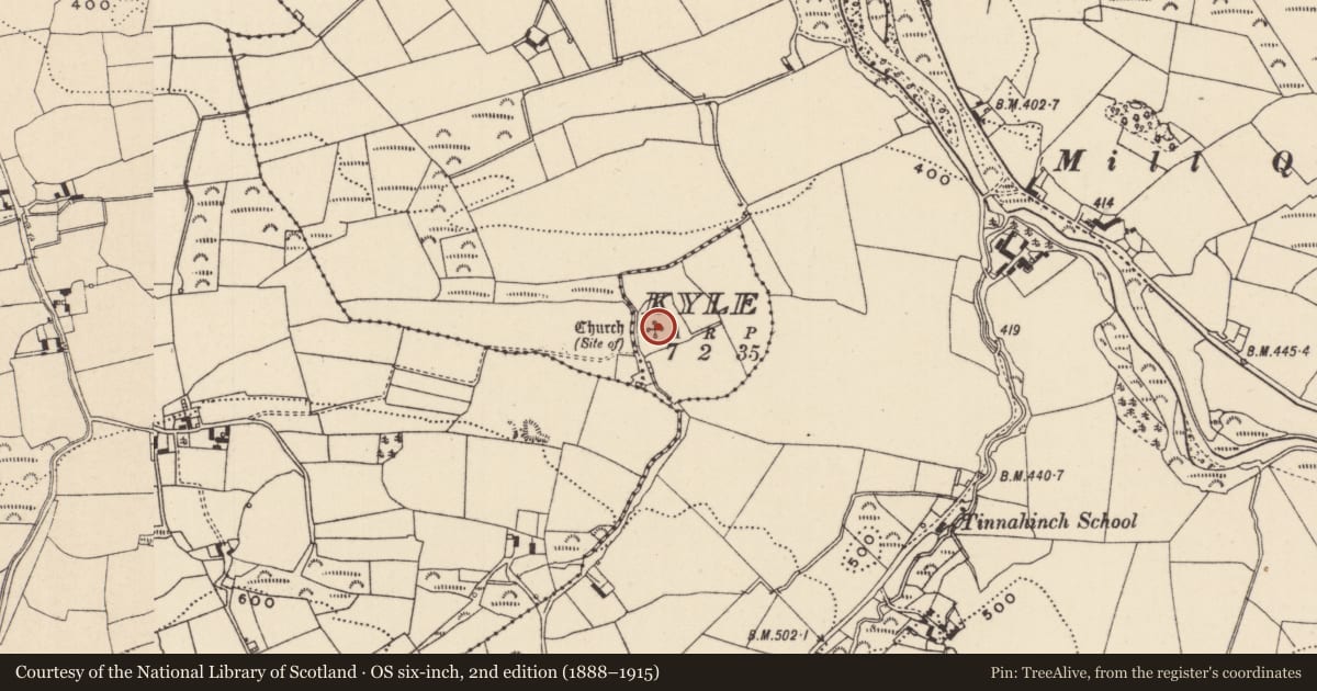 Ordnance Survey six-inch map, 2nd edition (1888–1915) covering the location of Church, Kyle, County Laois, with a pin at the register's coordinates