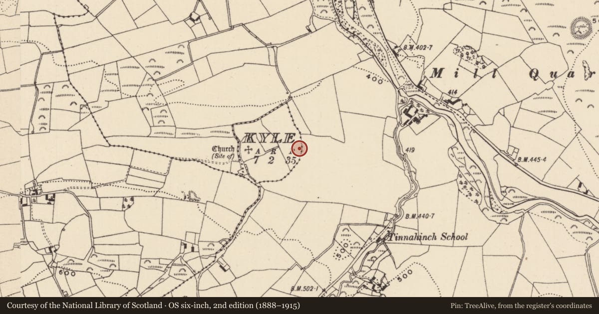 Ordnance Survey six-inch map, 2nd edition (1888–1915) covering the location of Ecclesiastical enclosure, Kyle, County Laois, with a pin at the register's coordinates