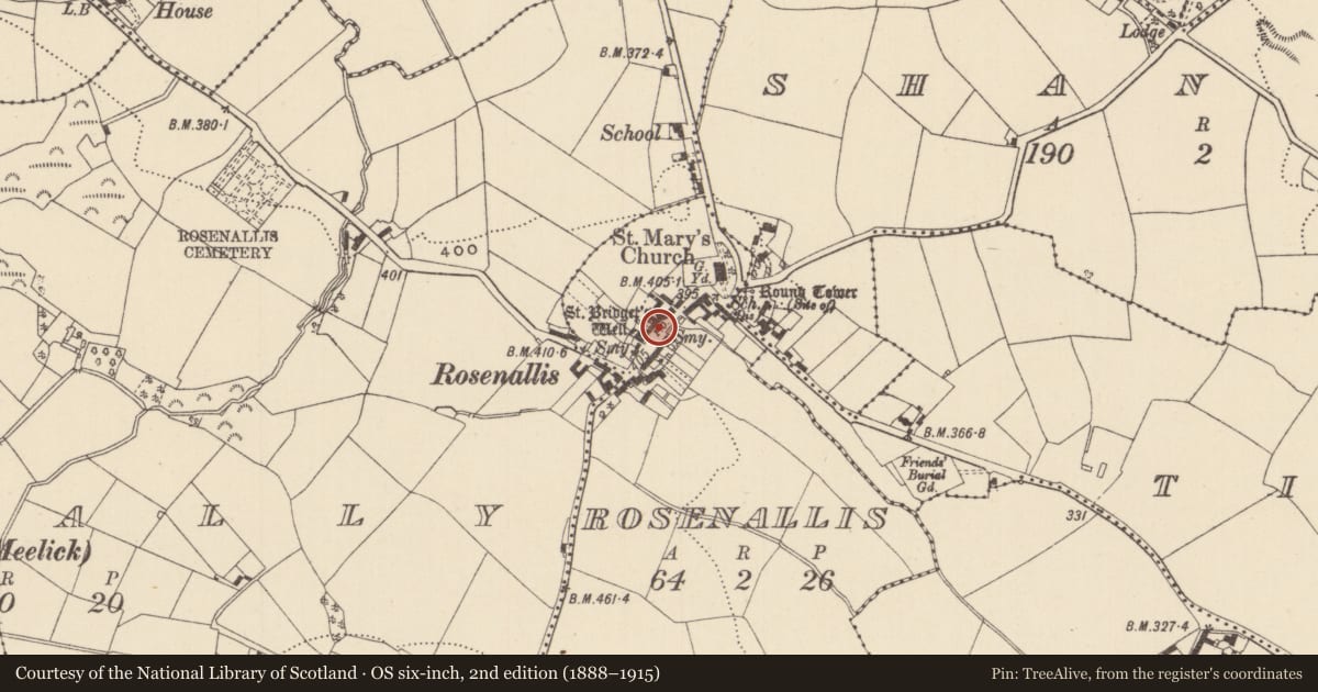 Ordnance Survey six-inch map, 2nd edition (1888–1915) covering the location of Settlement cluster, Rosenallis, Shanbeg, County Laois, with a pin at the register's coordinates