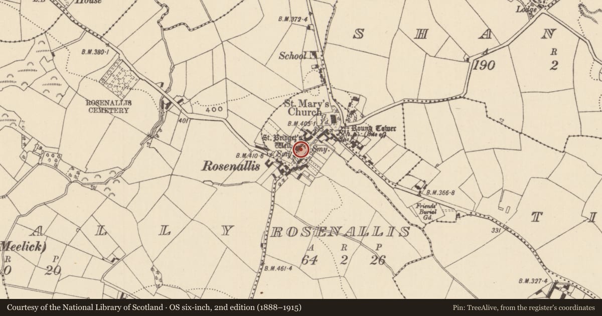 Ordnance Survey six-inch map, 2nd edition (1888–1915) covering the location of Ritual site - holy well, Rosenallis, County Laois, with a pin at the register's coordinates