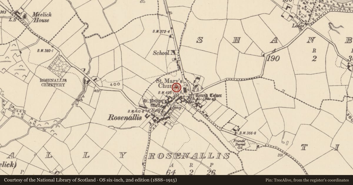 Ordnance Survey six-inch map, 2nd edition (1888–1915) covering the location of Sheela-na-gig, Rosenallis, County Laois, with a pin at the register's coordinates
