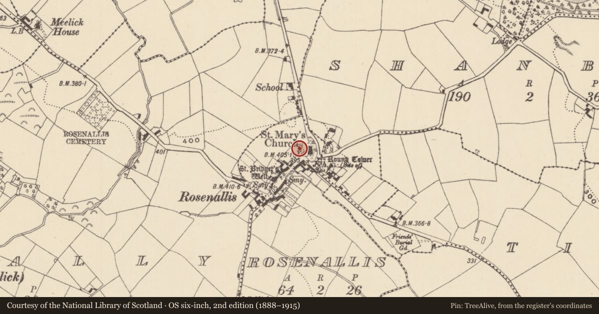 Ordnance Survey six-inch map, 2nd edition (1888–1915) covering the location of Graveyard, Rosenallis, County Laois, with a pin at the register's coordinates