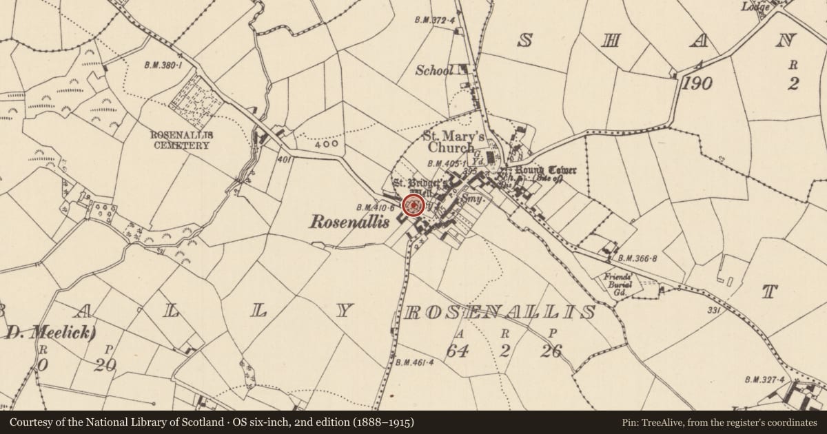 Ordnance Survey six-inch map, 2nd edition (1888–1915) covering the location of Cross-slab (present location), Rosenallis, County Laois, with a pin at the register's coordinates