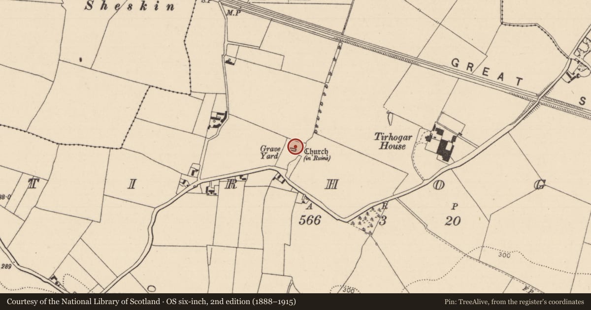 Ordnance Survey six-inch map, 2nd edition (1888–1915) covering the location of Church, Tirhogar, County Laois, with a pin at the register's coordinates