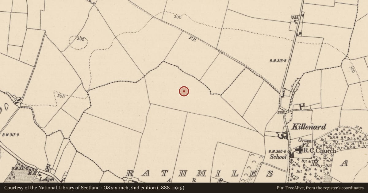 Ordnance Survey six-inch map, 2nd edition (1888–1915) covering the location of Burial ground, Rathmiles, County Laois, with a pin at the register's coordinates